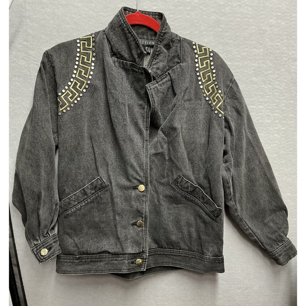 Vintage 1990’s I.B. Diffusion Beaded Gray Denim Jean Jacket Womens Size 6